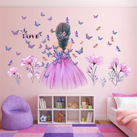 Amazon.com: Butterfly Girl Wall Stickers Flower Fairy Wall Decal Pink