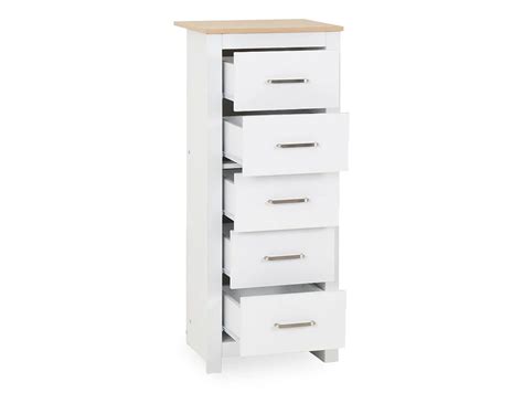 Seconique Portland White And Oak 5 Drawer Tall Narrow Chest Of Drawers