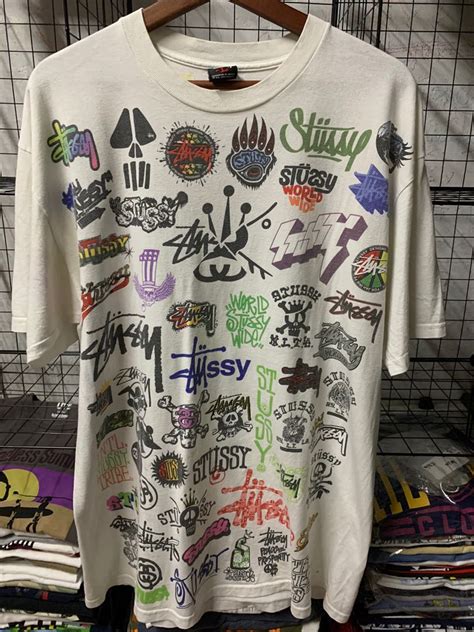 Vintage Stussy 90 S Full Print Logo Men S Fashion Tops Sets Tshirts