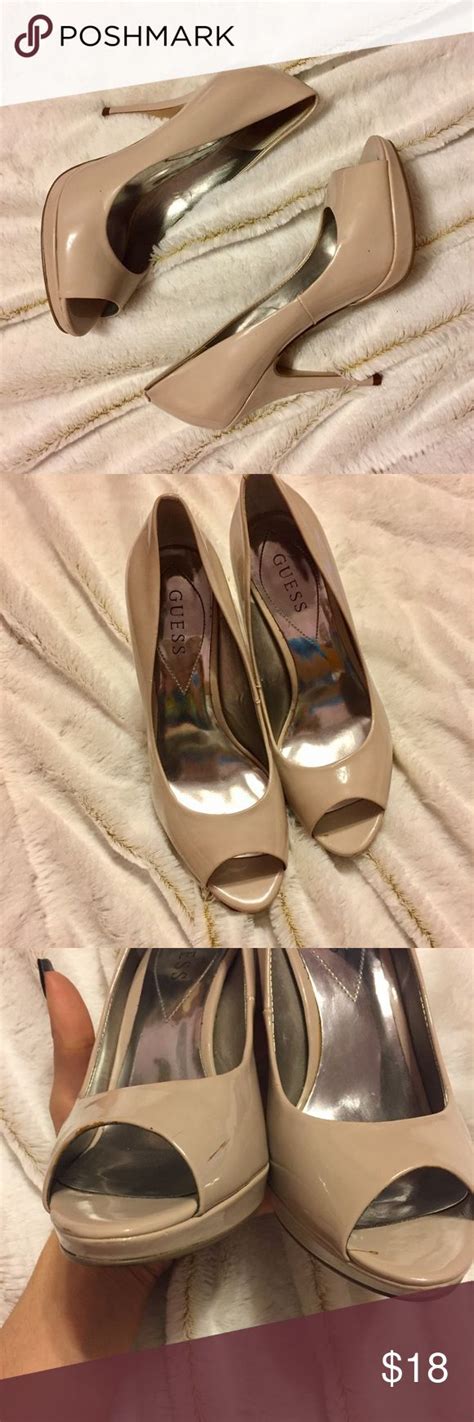 邏Guess Nude Peep Toe Platform Heels Black leather shoes women Leather shoes woman Guess shoes