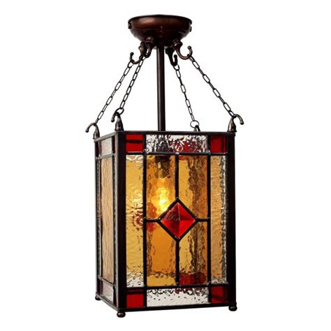 Period Victorian Hall Lantern With Square Amber And Red Glass Panels