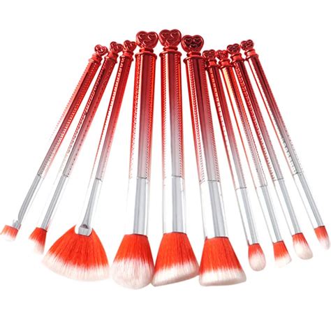 10Pcs Heart Rose Makeup Brushes Kits Beauty Red Cute Make Up Brush Set ...