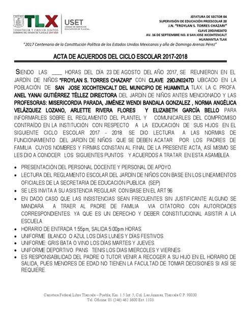 Acta De Acuerdos Del Ciclo Escolar 2017 Pdf