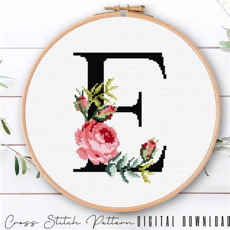 Floral Monogram E Cross Stitch Pattern E Initial E Letter Etsy