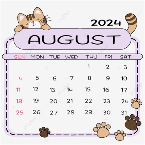 August 2024 Calendar Sleeping Cat 2024 Monthly Calendar August