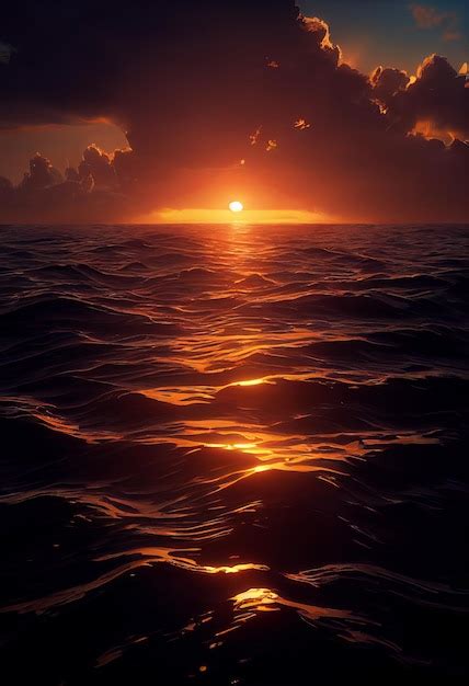 Premium AI Image | Magical red sunset in the open sea Red sky and ocean waves at dusk Beautiful ...