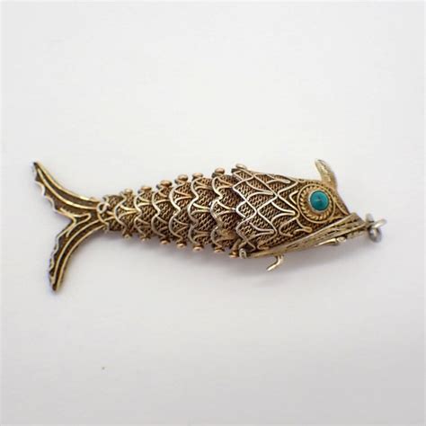 Articulated Chinese Gilt Silver Enamel Fish Pendant Gem