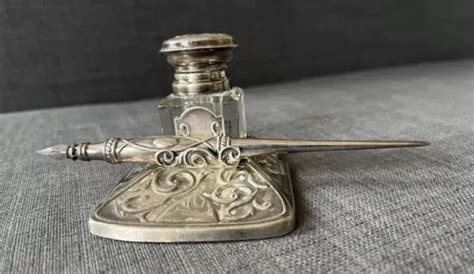 Ancien Superbe Inkwell Encrier Et Plumier En Argent Massif Orf Vre Ari