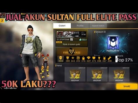 JUAL AKUN SULTAN FREE FIRE MURAH FULL ELITEPASS YouTube