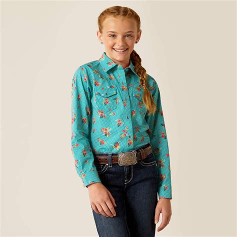 Ariat Girls Esmerelda Print Teal Shirt Fringe Western Wear