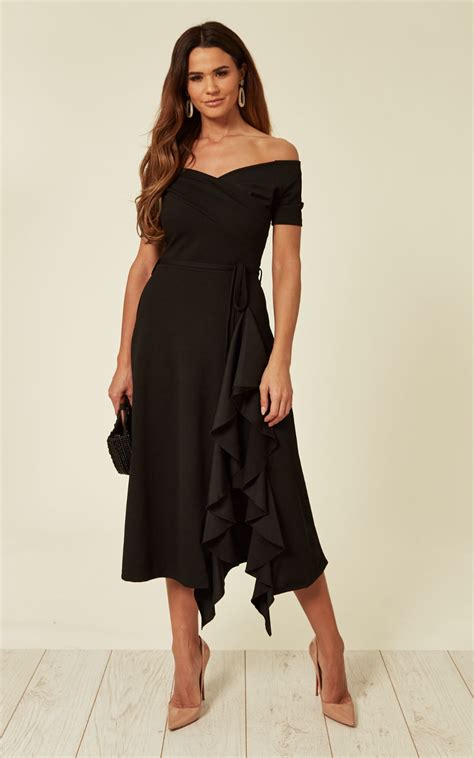 Exclusive Bardot Off Shoulder Frill Midi Dress Black Feverfish