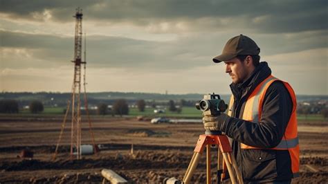 A Surveyor Using A Theodolite Or Total Station On A Tripod Taking