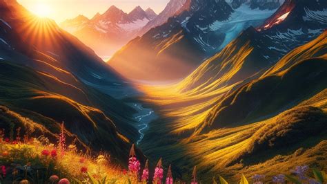 Mountain Range During Sunrise Sun S Rays Snow Capped Peaks Casting A