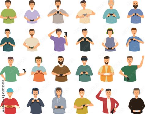 Men Playing Video Games Icons Set Cartoon Vector Virtual Gamer People