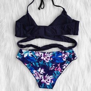 Daisys Boutique Swim Navy Blue Strappy Bandage And Floral Bikini