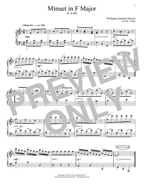 Minuet In F Major K 6 II Sheet Music Wolfgang Amadeus Mozart