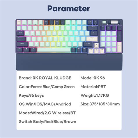 NEW Royal Kludge RK96 Forest Blue Wireless Bluetooth Mechanical Keyboard Three Mode RGB Hot Swap