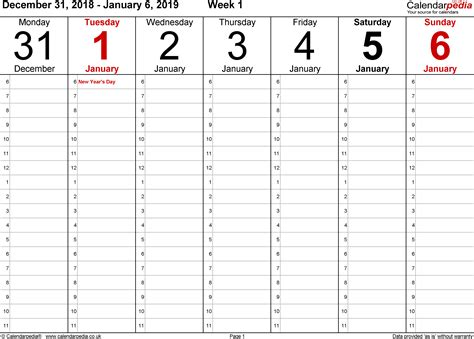 Weekly calendar 2019 UK - free printable templates for PDF