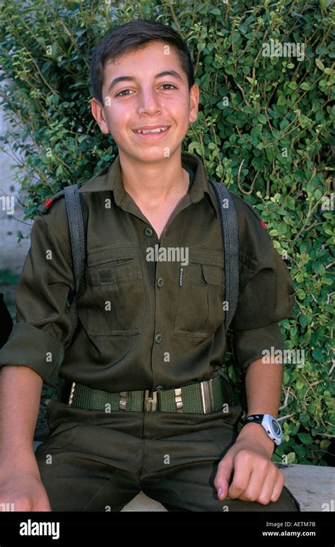 Portrait of a school boy in military uniform Damascus Syria Middle East ...