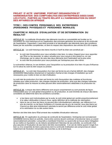 Projet D Acte Uniforme Portant Organisation Et Harmonisation Des