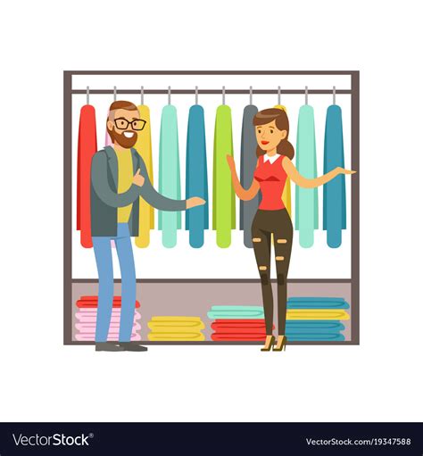 Man Choosing Clothing With Shop Assistant Help Vector Image