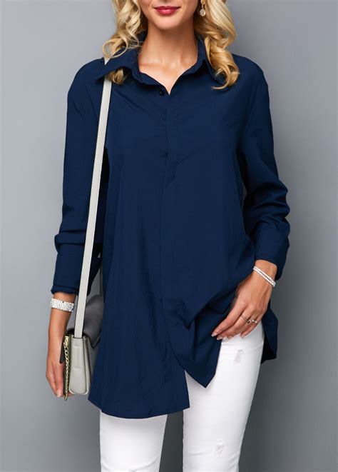 Turndown Collar Navy Blue Button Up Pocket Blouse Rosewe Usd