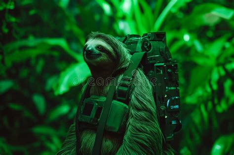 Portrait Of A Sloth With A 3d Printed Exoskeleton Against A Jungle