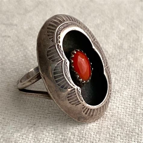 Vintage Navajo Shadow Box Coral Ring Statement Size Gem