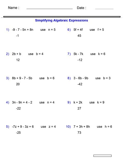 Algebraic Expressions Worksheets Evaluating One Variable Worksheets