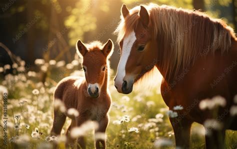 A baby horse standing next to an old horse. AI Stock Photo | Adobe Stock