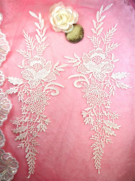 Embroidered Lace Appliques Ivory Rose Floral Venice Lace Mirror Pair