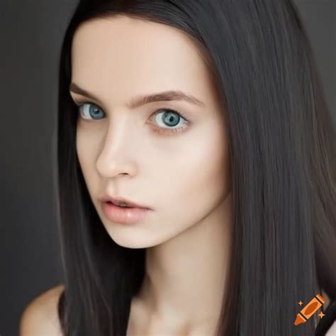 Portrait Of A Petite Woman With Dark Brown Eyes And Long Black Hair On