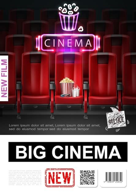 Realistic movie premiere poster with cinema auditorium and popcorn milkshake 3d eyeglasses on ...