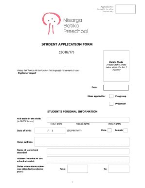 Fillable Online Preschool Nisarga Edu STUDENT APPLICATION FORM