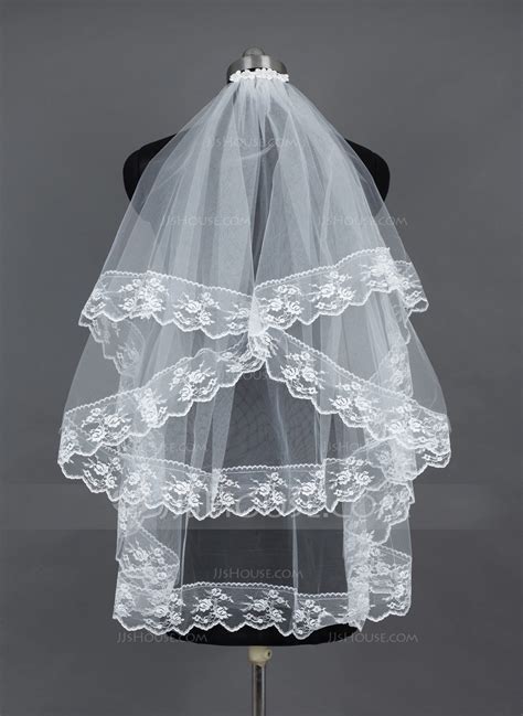 Two Tier Fingertip Bridal Veils With Lace Applique Edge 006037908