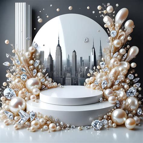 Pristine Pearls And Diamond Podium In Urban Skyline Glory Stock