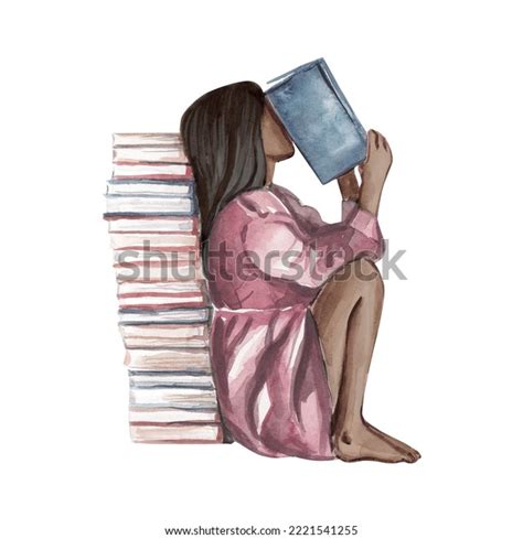 Watercolor Illustration Darkskinned Girl Reading Book Stock ...