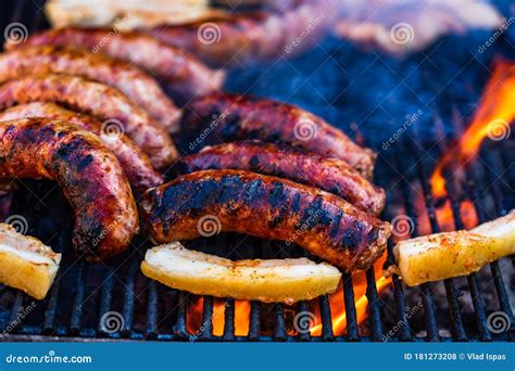 Sausages Grilled On A Charcoal Barbeque Top View Of Tasty Barbecue Food Concept Food On Grill