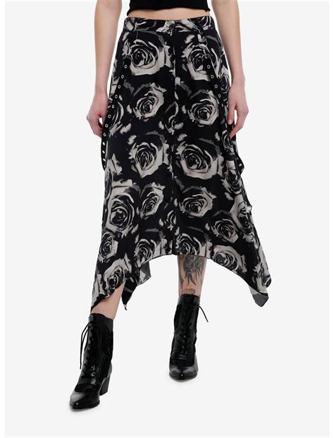 Black And Grey Rose Grommet Hem Hanky Hem Midi Skirt Hot Topic