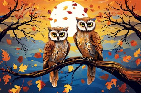 Premium Ai Image Owls Perched On Branches Vector Fall Background