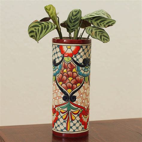 Unicef Market Hand Painted Floral Talavera Ceramic Vase From Mexico