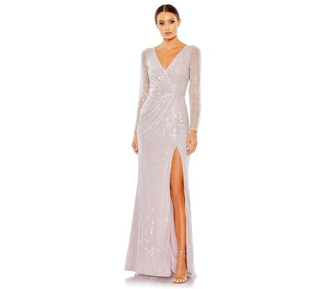 Mac Duggal Sequined Faux Wrap Long Sleevegown With Slit