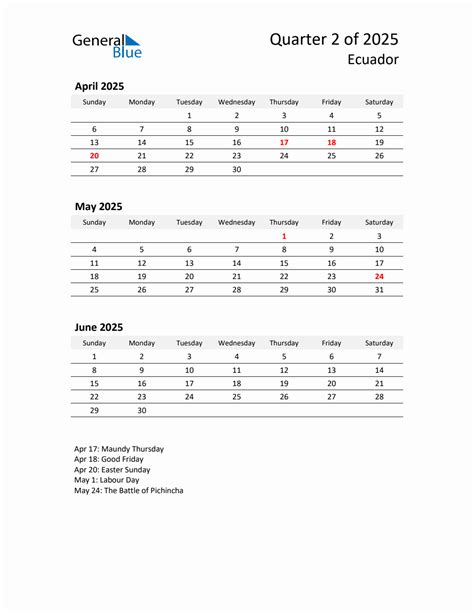 Q2 2025 Quarterly Calendar With Ecuador Holidays PDF Excel Word