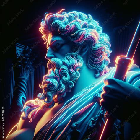 Ancient Statue Of Greek God Head Creative Concept Colorful Neon Image