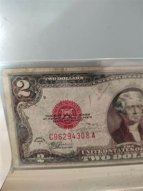 Rare 1928 D RED SEAL TWO DOLLAR BILL WITH SERIAL NUMBER STARTING WITH C