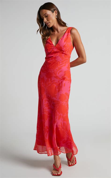 Jodie Midi Dress - V Neck Slip Dress in Pink Floral | Wedding attire