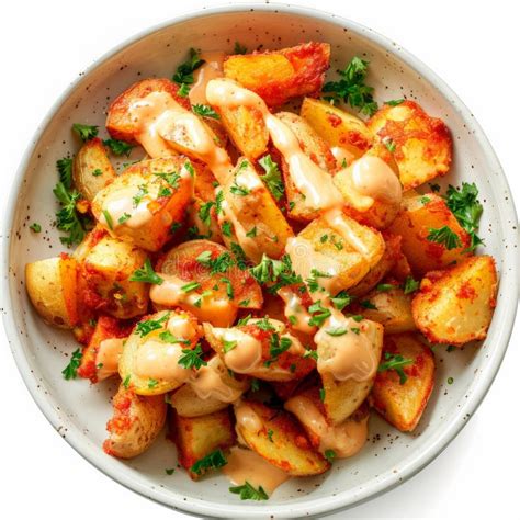 A Plate Of Spanish Patatas Bravas Crispy Fried Potatoes Served With