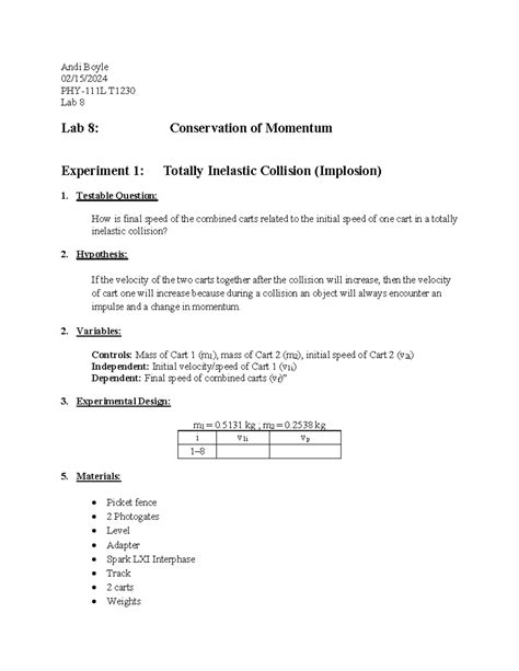 Lab Conservation Of Momentum Andi Boyle Phy L T Lab