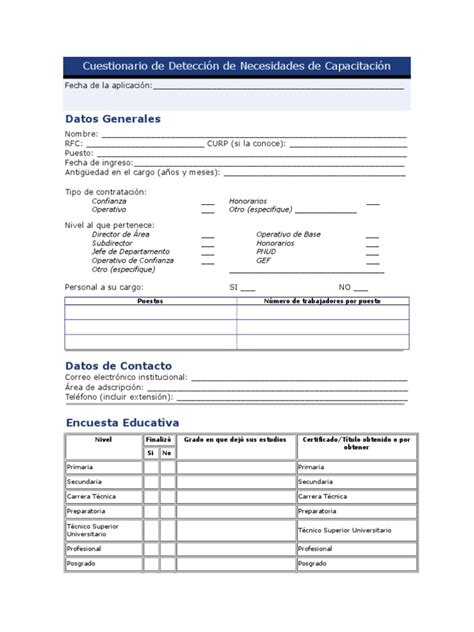 Cuestionario De Deteccion De Necesidades De Capacitacion Educación Secundaria Negocios