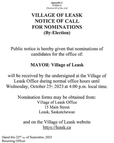 Call For Nomination And Nomination Form Village Of Leask